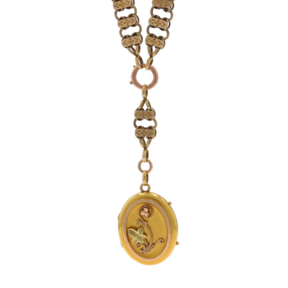Yellow Gold Victorian Ivy Leaf Locket Pendant Necklace 19" - 10k Gold Filled